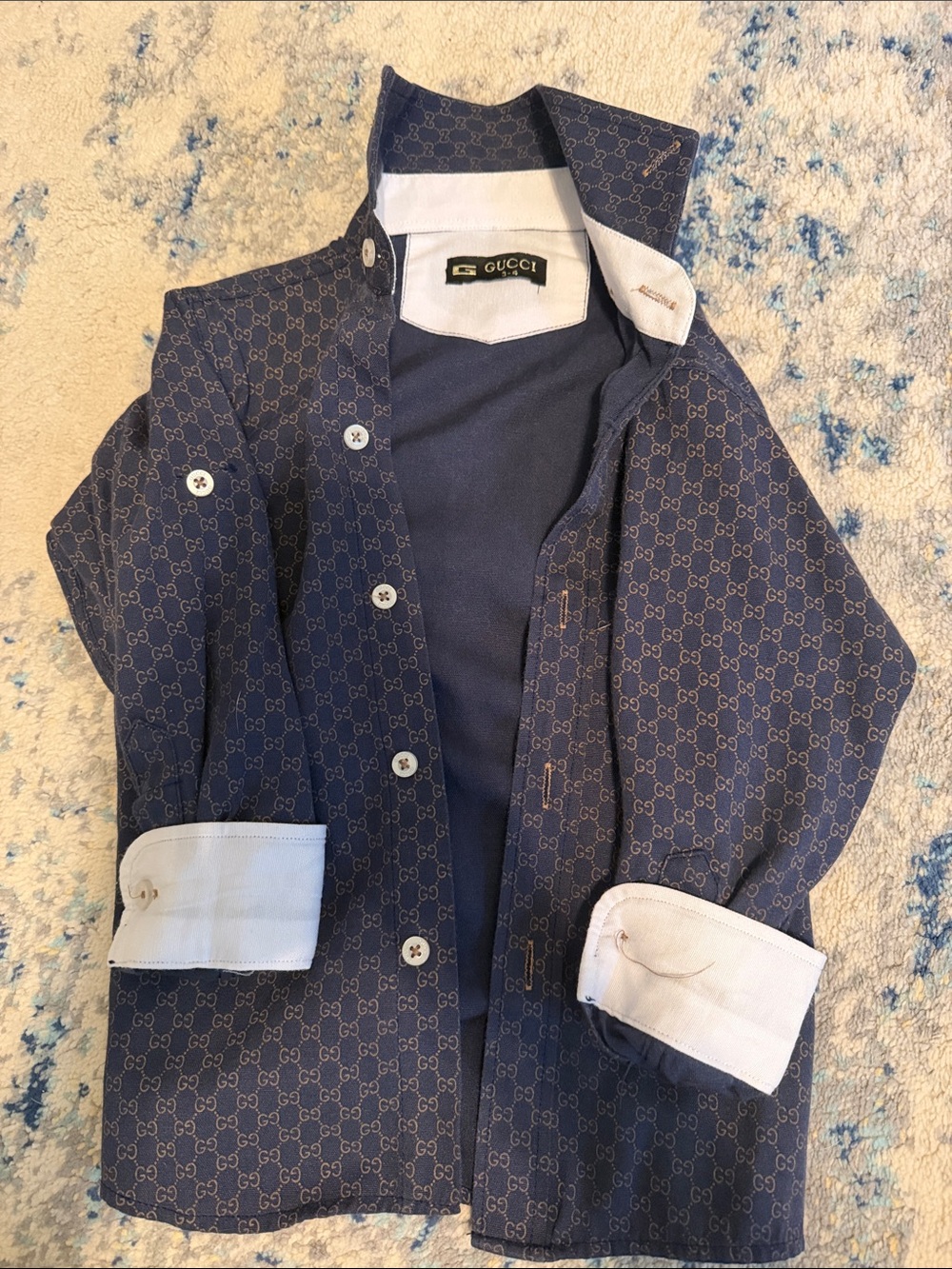 Gucci Boys' Navy GG Monogram Button-Down Shirt with White Trim